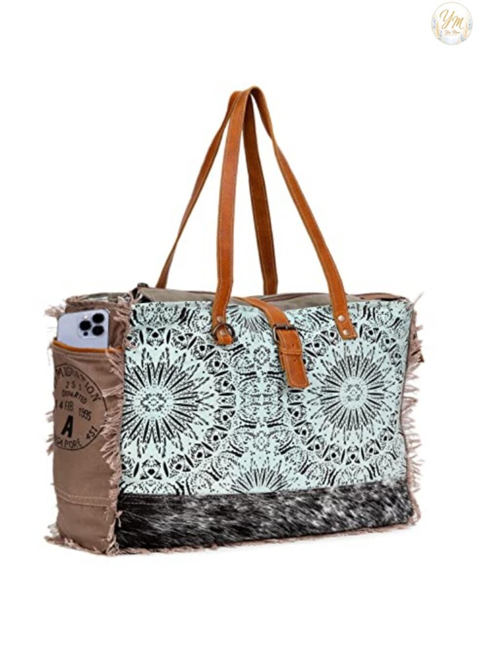 Large Canvas Tote Bag with Cowhide Hair On Leather, Shoulder Handbag for Women,